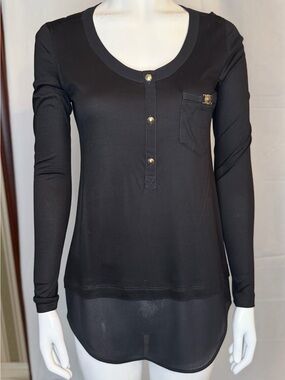Versace Jeans Collection Black Long-Sleeve Henley Top with Gold Accent